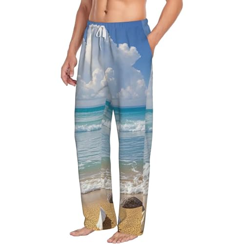 Mens Pajama Pants Beach Theme Pajama Bottom Soft Warm Sleep Pant with Pockets Lounge Pants