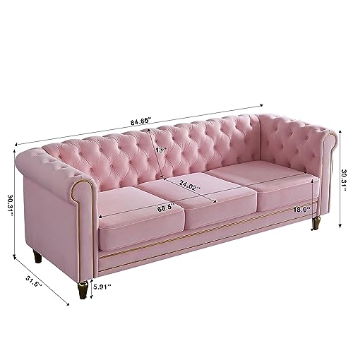 Image of KEIKI 85 inch Chesterfield Velvet Tufted Button Sofa with Deep Seat Cushions and Rolled Arms, Modern Style 3-Seater Couch Decorated with Gold Strip, Easy Assembly, for Living Room, Bedroom, Office, Pink
