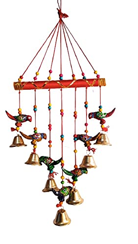 Mausam Arts Parrot Wind Chimes Rajasthani Handicraft Craft Paper Mache Parrot Wind chemes Full Door,Wall Hanging for Home,tample,Event Decoration