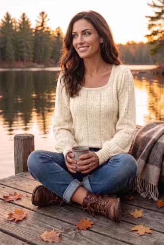 Image of HOTOUCH Sweaters for Women 2026 Fall Trendy Tops Casual Puff Sleeve Square Neck Cute Tunic Pullover Blouses XS-XXL