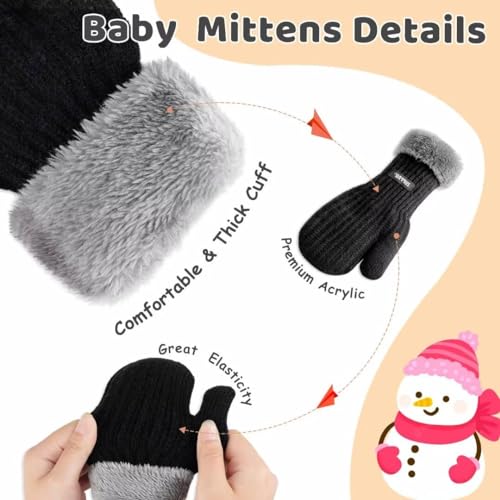 Baby Beanie Mittens Scarf Set Girls Boys, Toddler Winter Hat and Gloves Neck Warmer Set Knit Warm with Fleece Lining4
