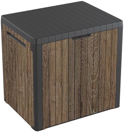 Keter Signature Everwood 30 Gallon Resin Deck Box for Outdoor Storage – Weather‑Resistant Balcony & Patio Box for Cushions, Throw Pillows & Garden Tools, Walnut
