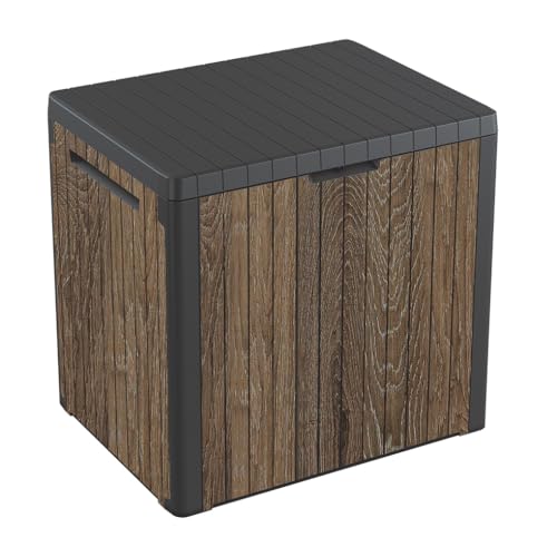 Keter Signature Everwood 30 Gallon Resin Outdoor Storage Box and Patio Furniture Side Table for Pool and Garden Accessories, Walnut