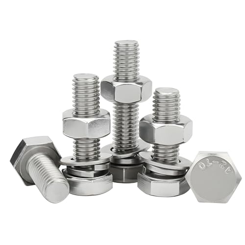 六角ボルト M10 ステンレス鋼 全ネジ 六角ねじボルト ナット フラット ロックワッシャーキット 完全ねじ込み (M10x25mm 5セット)