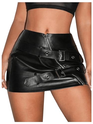 MakeMeChic Women's PU Leather Buckle Mini Skirt Drop Waisted Summer Y2K Zipper Club Bodycon Skirts Black Medium