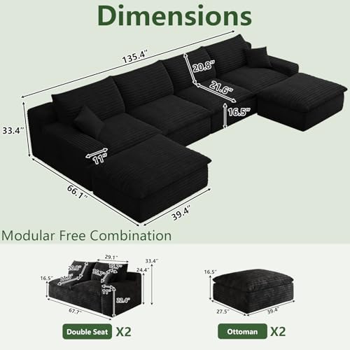 Image of 136 inch Cloud Couch Modular Sectional Sofa for Living Room, U-Shape Boneless Couch with Deep Seat, Modern Corduroy 4-Seater with Ottomans, No Assembly Required, Black