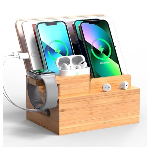 Pezin & Hulin Bamboo Charging Station for Multiple Devices, Desktop Docking Station Organizer for Apple Product, AirPods, iWatch, Cellphone, Tablet, (Included 5 Charging Cables, No Power Supply)