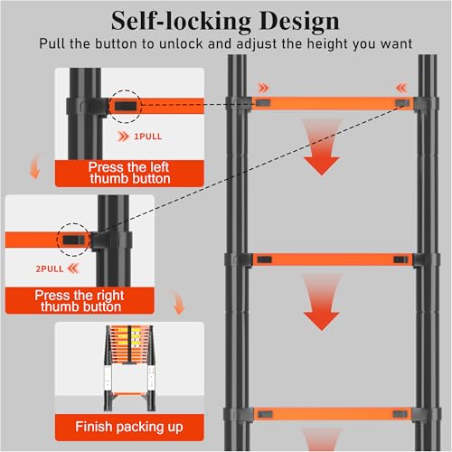Image of Telescoping Ladder, 12.5 FT Aluminum Extension Ladder 330 Lbs, Black Orange | Telescopic & Retractable, Collapsible Extendable Ladder for House, Roof, RV & Travel Trailer