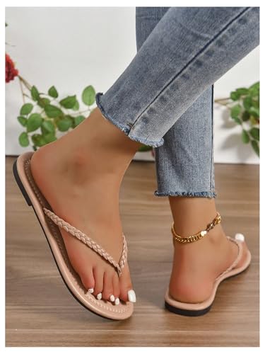 OYOANGLE Women's Braided Strap Flip Flop Thong Sandals Open Toe Slider Sandal Beach Vacation Shoes3