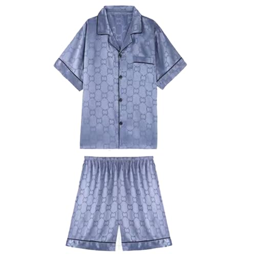 Generic Mens Silk Satin Pajamas Set Plus size Short Sleeve Top and Shorts Pjs set Button Down Sleepwear Loungewear