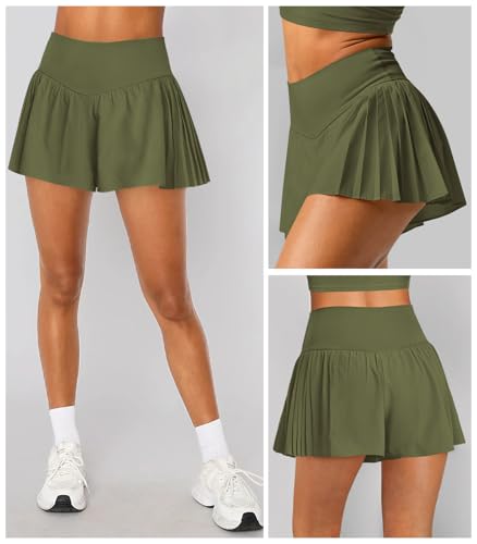 Womens Athletic Workout Tennis Shorts Crossover High Waisted Side Pleated Flowy Gym Running Shorts for Women3