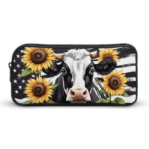 アメリカ国旗の牛ひまわり2ペンケース 筆箱 筆入れ 多機能 ふでばこ 大容量 収納バッグ 学生 子供文具収納 男の子 女の子 プレゼント