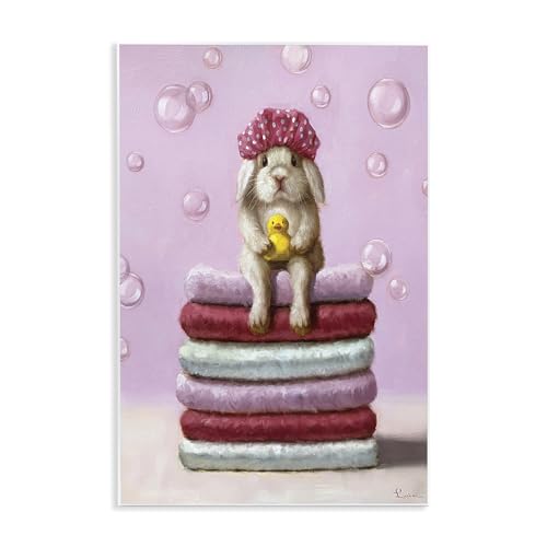 Image of Baby Rabbit Bath Towels Soap, 13 x 19 Inch Mounted Print on Wall Plaque