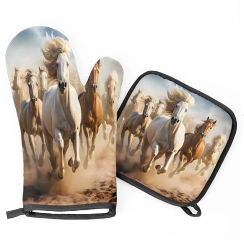 Horses Running Oven Mitts Kitchen Oven Gloves for Cooking Baking Heat Proof Lining Cotton Kitchen Potholder Mittens Pot Holders Hot Pads for Chef Women Men