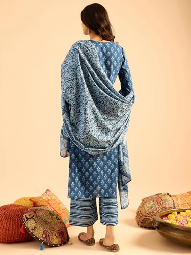 Image of INDO ERA Women's Pure Cotton Printed Straight Kurta & Pant with Dupatta Set