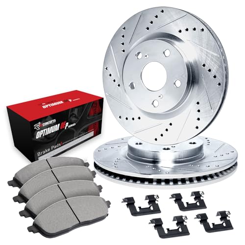 Image of R1 Concepts Front Brake Kit Fits 2004-2009 Toyota Prius| Optimum Oep Pads, Drilled Slotted Rotors| Hardware| 10.6 inch Front Rotor
