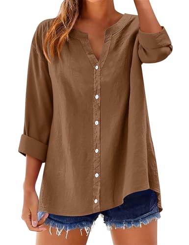 LOMON LOMON Womens Button Down Shirts Long Sleeve Cotton Button Up Shirt Linen V Neck Casual Loose Tops Blouses