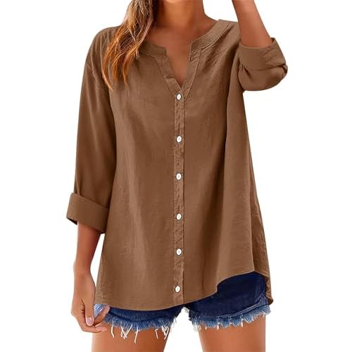 LOMON Womens Button Down Shirts Long Sleeve Cotton Button Up Shirt Linen V Neck Casual Loose Tops Blouses Light Coffee X-Large