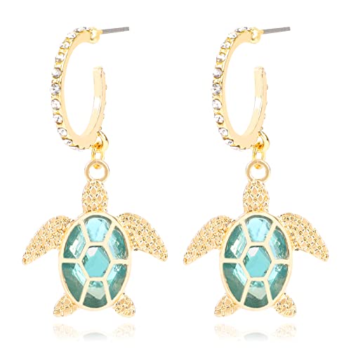 Gold Turtle Earrings for Women Gold Plated Dangle Blue Sea Turtle Hoop Earrings with Hollow Design Rhinestone Drop Animal Statement Ocean Earrings Summer Beach Vacation Jewelry Gift for Her