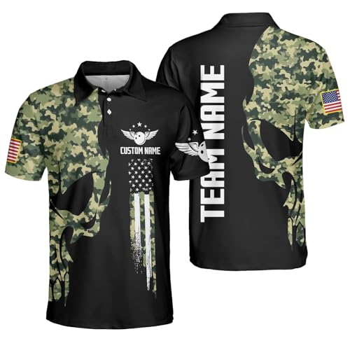 Bowling Ball and Pins Skull camough Flag Customized Name 3D Shirt, Personalized Bowling Jersey for Men and Women, Team Bowling Polo Shirts, Mens Bowling Shirts