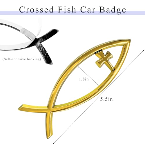 Image of Christian Cross Fish Car Emblem, Large Jesus Fish Cross Auto Emblem Badge Bumper Sticker, Weatherproof Christian Fishes Symbol Ichthus Religious Decal for Most Vehicles (Golden)