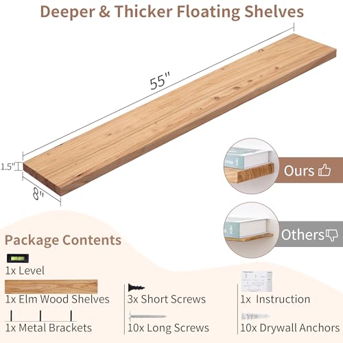 Image of Axeman Floating Shelves for Wall, 56in Reclaimed Elm Wood Shelves, Natural
