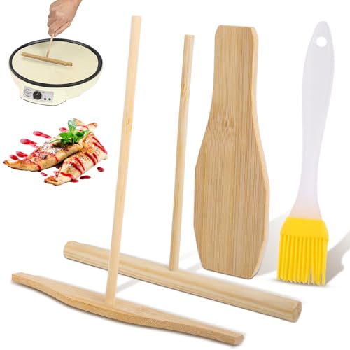 Fzyisw Kit di 4 spatole e spatole per spalmare e girare crepe, strumento per pancake in legno, spalmatrice per pastella a forma di T con manico lungo e spazzola per olio, per cucina domestica,