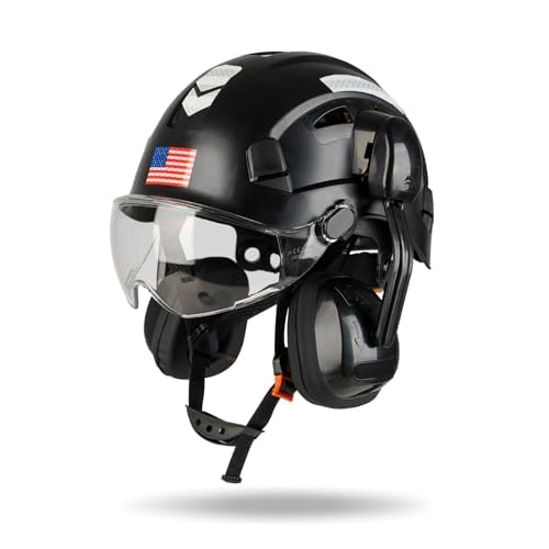 DS-SMAAT Construction Vented Hard Hat with Visor and Adjustable Ear Muffs 3-in1 Heavy Duty Helmet Kit for Industry