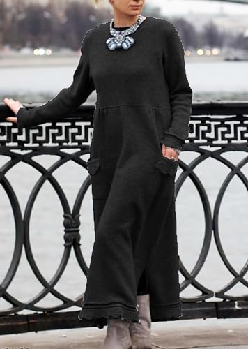 Women's Solid Lace Crewneck Maxi Dress Casual Loose Plus Size Fall Pullover Dresses for Women with Pockets2