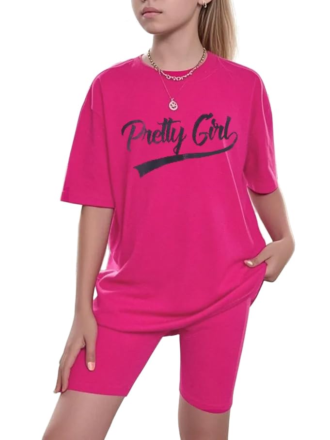 Image of NEW 8-12 Years Girls Summer Outfits 2 Piece Set Trendy Print Top & Stretchy Shorts Casual Playwear