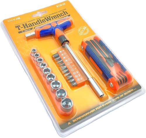 Image of Set of 25 Pcs Magnetic T-Handle Ratchet Wrench and Screwdriver Set 9 Pc x sockets, 10 Pcs x Screw driver heads Set, 1 x Allen key Set, & 1 Pc x T-Handle Wrench