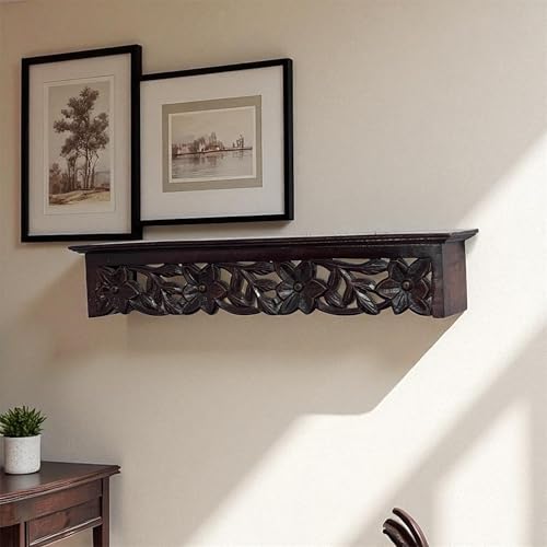 Image of Handcrafted Wooden Wall Hanging Shelf 24 Inch | Decorative Carved Wall Shelf for Living Room, Bedroom & Office | Antique Finish Wooden Display Rack