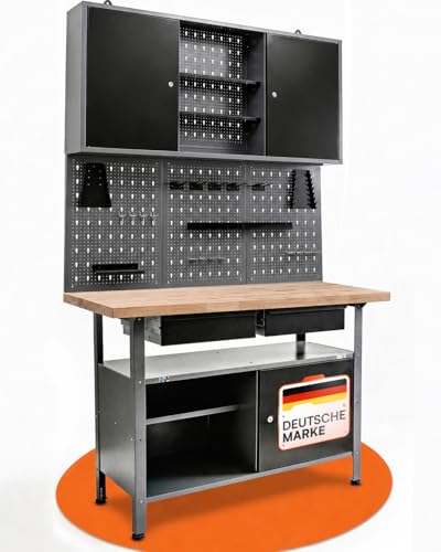 Ondis24 Werkstatteinrichtung Werkstatt Set Werkbank Fritz Hängeschrank Werkzeugwand Metall Schwarz Grau (Hängeschrank Kurt 120 cm) mit Buchenholzplatte