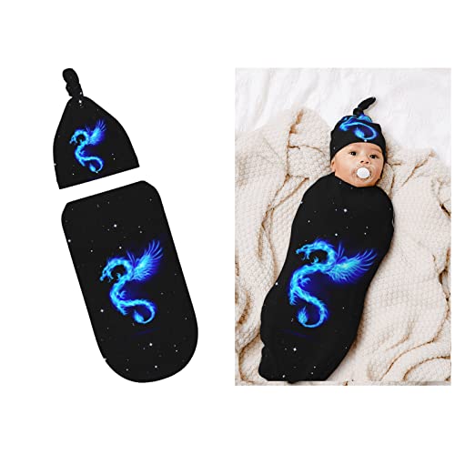 Image of Fire Dragon Starry Sky Baby Stuff Newborn Swaddle and Hat Set Stretchy Soft Funny Baby Receiving Blanket Gifts for Infant Baby Boy Girl