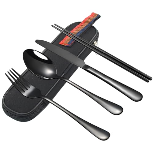VANRA Portable Travel Utensils Set with Case 4-Piece Stainless Steel Camping Cutlery Set Reusable Silverware Set for Work Fork Spoon Knife Chopstick for Lunch Box School Picnic (Black)