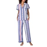 Tommy Bahama - Women's Pajama Set, Short Sleeve Notch Collar Button Down Top with Long Pants for Sleep or Lounge (Blue Stripes, X-Large)