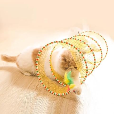 Cat Tunnels for Indoor Cats, Folded Upgrade Large Collapsible Cat Tube Tunnel with Feather Mouse Toys, Cat Tent Play Tunnel with Interactive Toy for Kitten and Cats, Exercise Cat Toys(Yellow) Cover