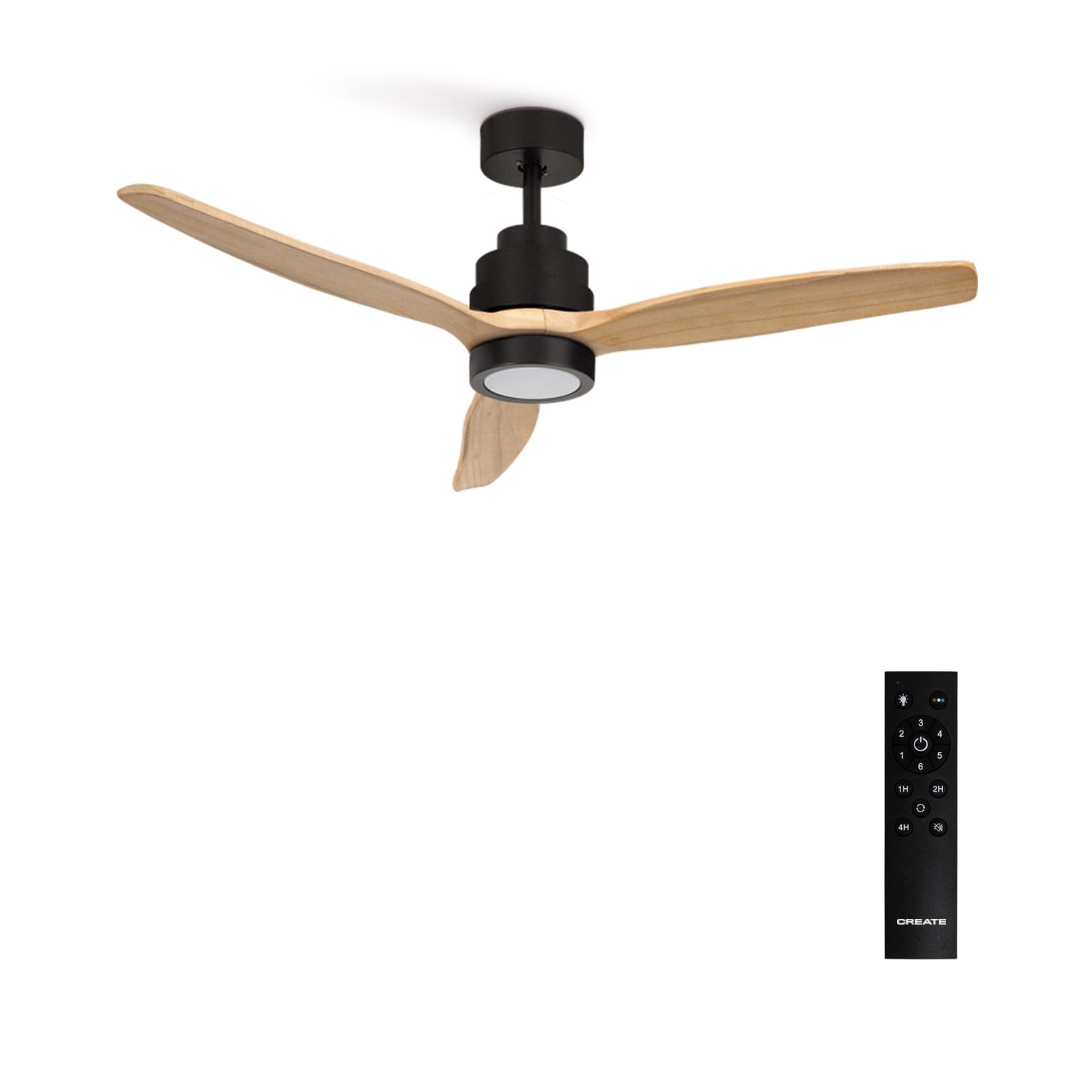 CREATE / WINDSTYLANCE DC/Ventilador de techo con luz negro aspas madera natural con mando / 40W, Silencioso, Ø132 cm, 6 velocidades, temporizador, verano-invierno, doble altura, motor DC