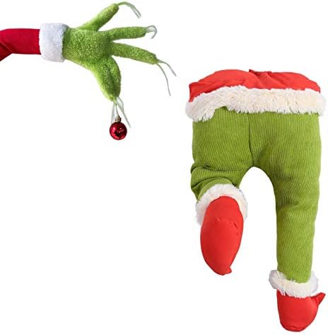 Plush Legs with Furry Green Arm, Thief Stole Burlap Pose-able for Christmas Decorations, Stuffed Legs Toy Doll for Christmas Tree Front Door Decor