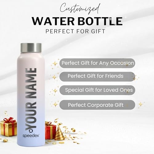 Image of Speedex Customised Engraved Name Stainless Steel Water Bottle 1 Ltr - Personalised Screw Cap Bottle for Kids, Men & Women, School, Office, Gym, Pink Blue, Set of 1
