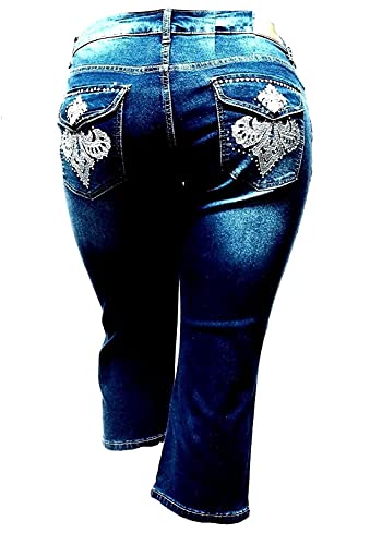 1826 Women's High Rise Blue Denim Jeans Capri (PC-935 Blue Rhinestone, 20W)3