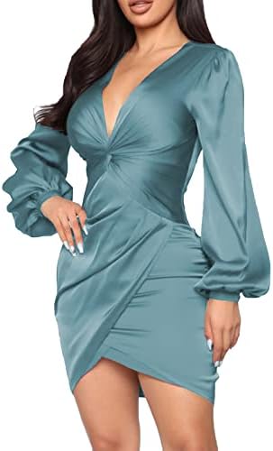 DeftSharp Women's Sexy Long Sleeves Ruffle Formal Bodycon Midi Elegant Cocktail Classy Dresses Royal Cyan
