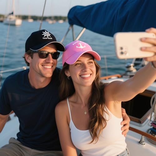 Image of Captain and First Mate Hat Set, Adjustable Matching Cotton Nautical Marine Sailor Baseball Caps, Boat Owner Gift