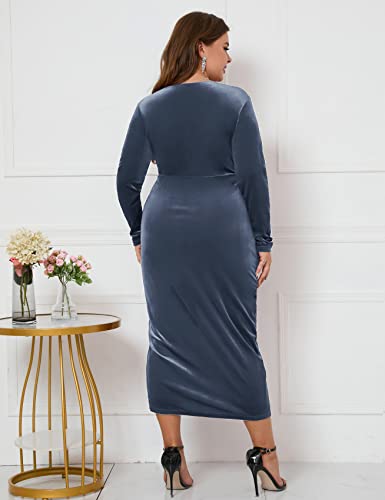Image of ZOMVA Plus Size Velvet Wrap Dress Ruched Bodycon Dress Long Sleeves Ruffle Long Elegant Party Wedding Guest Cocktail Holiday