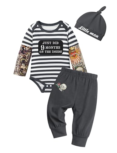 Image of Baby Boy Clothes Tattoo Sleeve Funny Romper Bodysuit+Pants 3PCS Infant Outfits Set