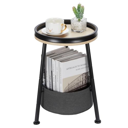 LEMONDA Small Round Side Table with Storage Basket, 11.8" Compact