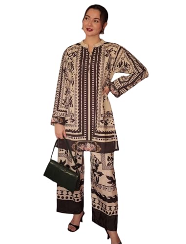 Modestouze Attires Turkish Cord Set for Women Stylish - Poly Rayon Long Sleeves Co Ord Set Mandarin Neck Floral Print Western Co Order Sets for Womens Wear as Office Coat, Travel Coord