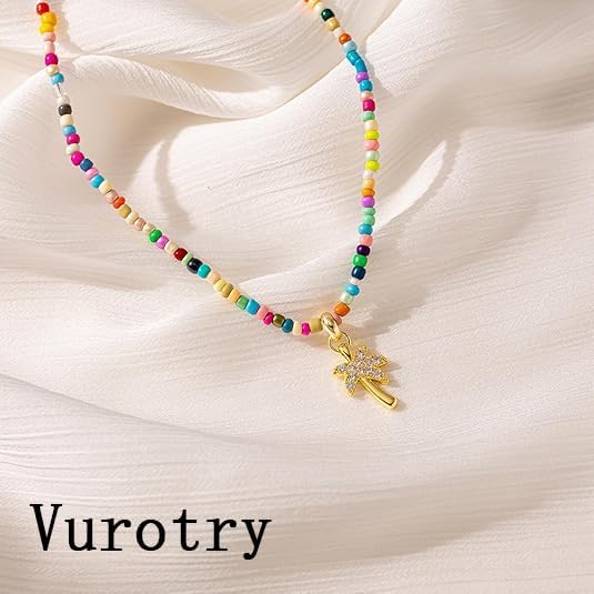 Palm Tree Necklaces for Women Palm Tree Beaded Necklace Beachy Waterproof Colorful Beaded Pendant Necklace Jewelry - Image 3