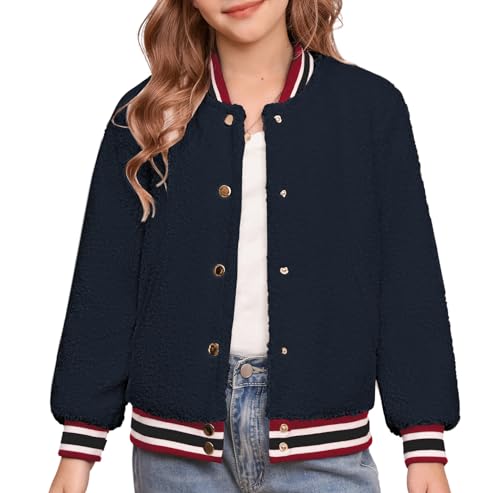 GRACE KARIN Girls Fleece Jacket Button Down Varsity Coat Fall Winter Baseball Outwear Clothes with Pocket for 7-14Y