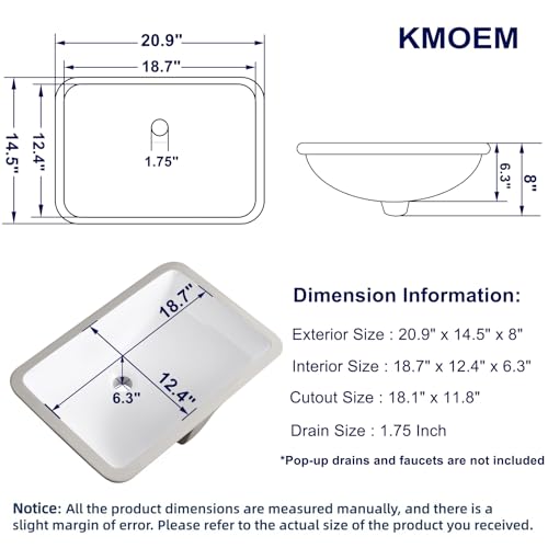KMOEM Undermount Bathroom Sink 21x15 Inch Small Bathroom Sink White Porcelain Ceramic Bathroom Under Counter Lavatory Vanity Sink Basin Rectangular Undermount Sinks with Overflow by KMOEM - Image 2